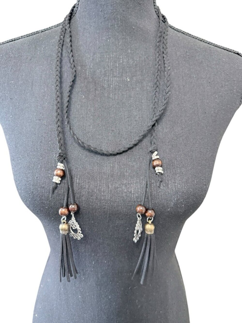 Belt Head Band Hair Adornment Neckwear Braided Faux Suede Beaded Tassels 60"